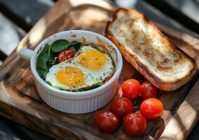 Delicious baked eggs with cherry tomatoes and spinach served with toasted bread on a wooden board photo