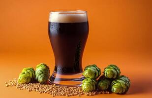 Rich dark beer served in a glass next to fresh hops and grains on orange backdrop photo