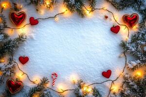 Festive holiday decoration with red hearts, lights, and snow creating a cheerful atmosphere photo