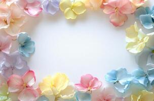 Delicate pastel flowers arranged in a beautiful frame against a white background photo