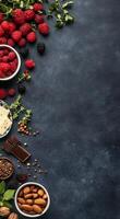 A colorful arrangement of fresh berries, nuts, and chocolate on a textured dark surface photo