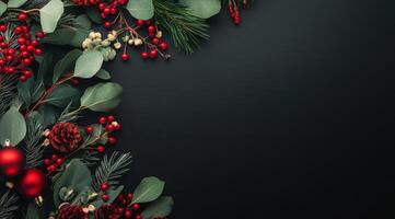 Colorful holiday foliage with red berries and green leaves on a dark background photo