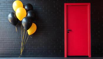 Bright red door with yellow and black balloons against a striking wooden wall backdrop photo