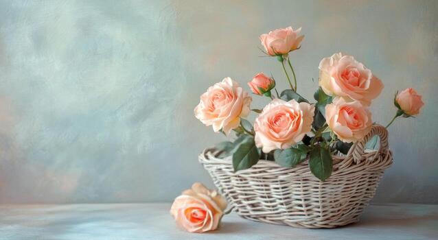 delicado pálido rosas arreglado en un mimbre cesta en un suave pastel antecedentes en un brillante ajuste foto