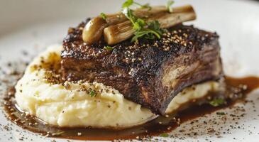 Beef tenderloin with roasted mushrooms on creamy mashed potatoes at a gourmet restaurant photo