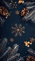 Decoration featuring golden accents and holiday motifs amid dark background with pine foliage photo