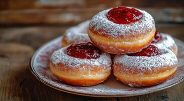 Freshly baked jelly-filled doughnuts on a rustic wooden table with jam jar nearby photo