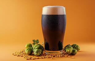 Rich dark beer served in a glass next to fresh hops and grains on orange backdrop photo