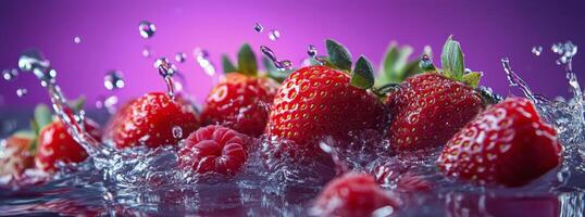 Fresh strawberries and raspberries splash into water creating playful droplets in vibrant light photo