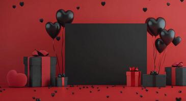 Festive black and red display with heart-shaped balloons and decorative gifts for a special occasion photo