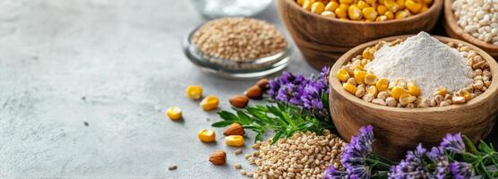 Various seeds and grains displayed in bowls alongside herbs and flowers on a neutral background photo