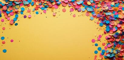 Colorful confetti scattered on a vibrant yellow background for festive celebrations photo