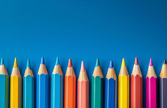 Colorful arrangement of sharpened colored pencils on a bright blue background photo
