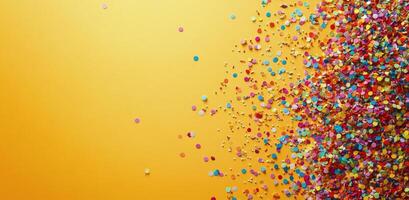 Colorful confetti spread out across a bright yellow background, perfect for celebrations and parties photo