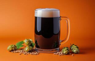 A hearty mug of dark beer surrounded by hops and grains on a vibrant orange background photo