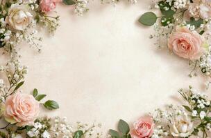 Delicate arrangement of pink roses and gypsophila on a light surface for a serene floral display photo