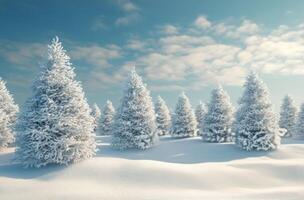 Winter landscape with snow-covered trees under a blue sky during a sunny day photo