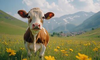 A curious brown and white cow stands in a meadow with mountains in the background on a sunny day photo