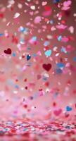 Colorful heart-shaped confetti falls gracefully during a celebration event in a festive setting photo