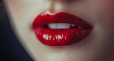 Close-up of glossy red lips in vibrant studio lighting, showcasing beauty and makeup photo