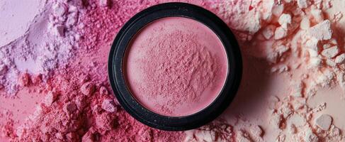 Soft pink blush powder surrounded by colorful makeup pigments on a light surface photo