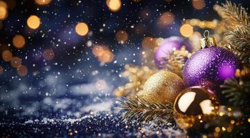 Elegant Christmas tree adorned with golden and purple ornaments, sparkling under falling snowflakes photo