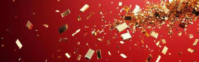 Golden confetti cascading against a vibrant red background during a festive celebration event photo