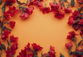Vibrant red flowers arranged in a circular pattern against a soft orange background photo
