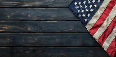 Rustic wooden backdrop with an American flag displayed in the corner during daylight hours photo