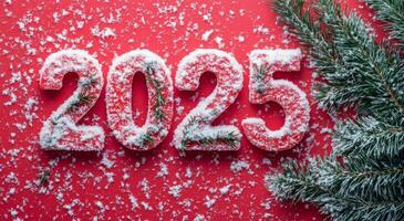 Festive snow-covered numbers 2025 adorned with greenery on a bright red background photo
