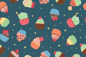 Seamless pattern of festive cupcakes. Collection of delicious cupcakes. Cakes with cream and chocolate. illustration vector