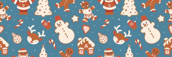 Winter seamless patterns with gingerbread cookies. Awesome holiday background. Christmas repeating texture for surface design, wallpapers, fabrics, wrapping paper etc. illustration vector