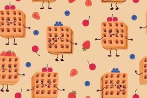 Seamless pattern with waffles and various fillings. illustration of waffles in the style of kawaii, pastries for breakfast, sweet snacks. vector