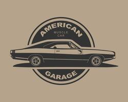 American muscle car . Supercar garage logo template. Old auto silhouette label. vector