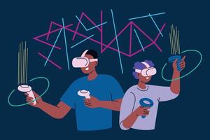 illustration of gamers using virtual reality headsets and controllers, father and kid playing fun immersive VR game. Flat cartoon style with bright neon colors. Technology in gaming vector