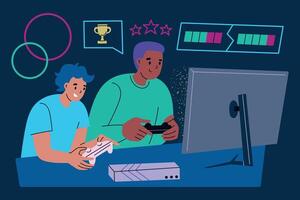 illustration of two gamers playing a game with controllers and console. Father and son spending time together, having fun, entertainment. Flat cartoon style. Gaming, family bonding vector
