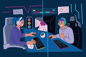 illustration of two gamers communicating online and playing game with headsets and PC. Fun, teamwork, and competition in a virtual setting. Flat cartoon style. Streaming and gaming themes vector
