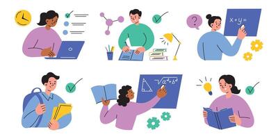 Education illustration set with students studying, reading, solving math problems, using laptops. Flat cartoon style, perfect for school, academic, or learning process designs and concepts vector
