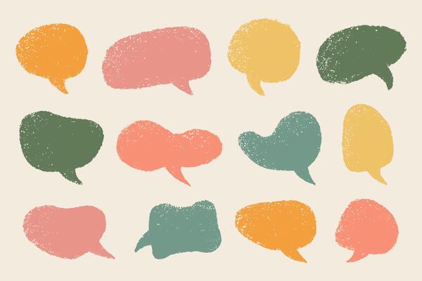 Colourful grunge grainy speech bubbles. Doodle cartoon pencil comic speech labels set with noise stipple dots texture