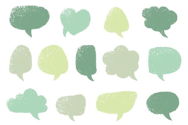 Green grunge grainy speech bubbles. Doodle cartoon pencil comic speech labels set with noise stipple dots texture
