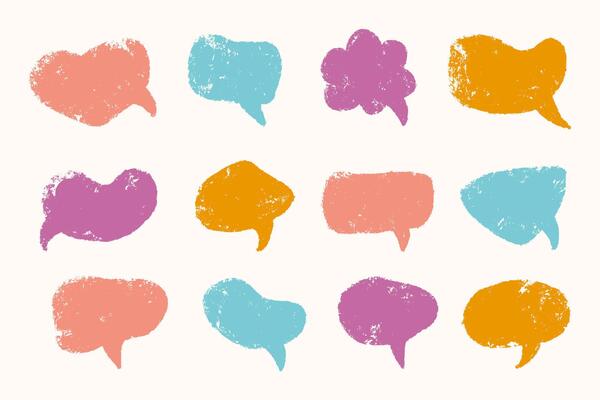 Grunge crayon speech bubbles. Colourful doodle cartoon chalk pencil comic speech labels set