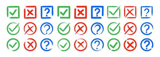 Dirty grunge cross x, tick OK and question check marks in check boxes, hand drawn with brush strokes illustration vector