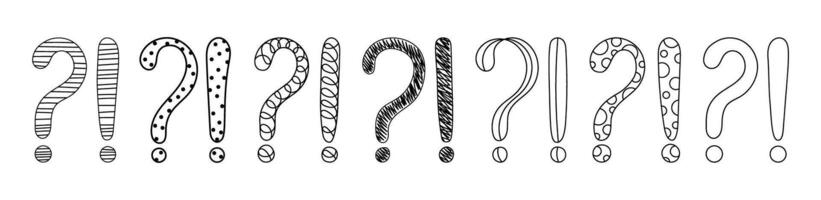Doodle question and exclamation marks hand drawn sketch illustration set. vector