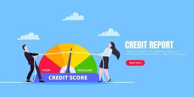 Man and woman push credit score arrow gauge speedometer indicator with color levels. vector