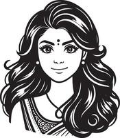 Monochrome Portrait of Indian Woman in , Minimalist Line Drawing with Simple Design vector