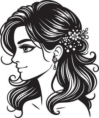 Monochrome Indian Woman Portrait, Simplified Line Drawing in Minimalist Style