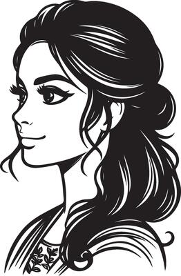 Stylized Black and White Portrait of Indian Woman, Minimalist Line Drawing with Simple Design