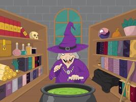 Scene of a witch making a potion in a cauldron in her house full of unique and mysterious items vector