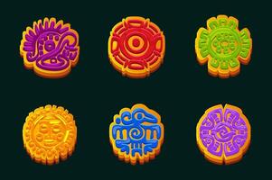 Maya or Aztec symbols, colored hieroglyphs of the Maya calendar. Icons for your for your casual game or slot. 2D game assets vector