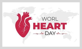 World Heart Day design with human heart shape, heartbeat sign, and world map background. vector